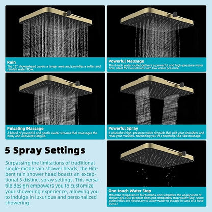 Hibbent Rain Shower Head, 13'' High Pressure Rainfall Square 5 Spray Mode Showerhead with 16" Shower Head Extension Arm, Solid Brass Adjustable Shower Arm Extender, Brushed Gold