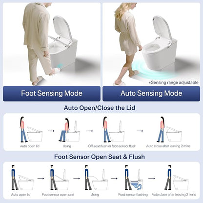 One Piece Smart Bidet Toilet, Auto Lid, Foam Shield, Wash & Dry | Foot Sensor, Heated Seat, Instant Warm Water, Adjustable Wash Settings, Self Cleaning Wand, Auto Flush, Pre Wet, Night Light