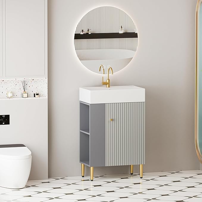 22" Small Bathroom Vanity with Sink, Morden Bathroom Vanities with Soft-Close Door and Open Shelf, Freestanding Narrow Vanity for Compact Space-Saving Bathrooms (Gray,22" Freestanding Left Shelf)