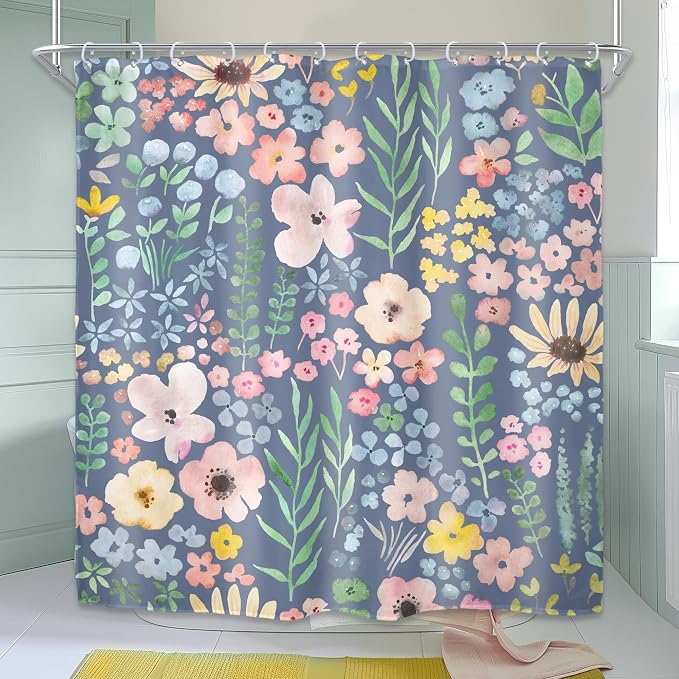 Blue Floral Cute Colorful Kids Girly Spring Art Bathroom Shower Curtain Set | 72"W x 72"H Botanical Plants; waterproof HD print, quick-dry fabric with 12 hooks for easy hanging.