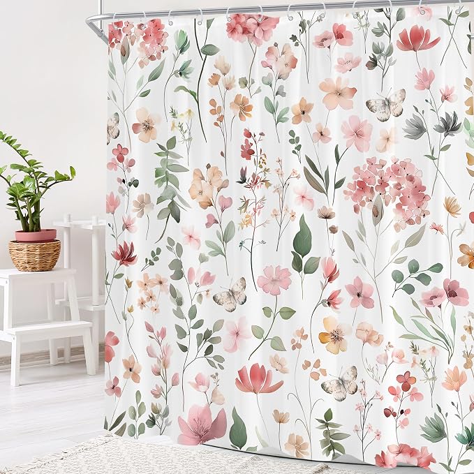 Pink Blush Coral Flower Floral Peach Watercolor Bathroom Shower Curtain Set | 72"W x 78"H Cute Wildflower; waterproof HD print, quick-dry fabric and plastic hooks for easy setup.