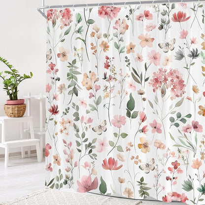 Pink Blush Coral Flower Floral Peach Watercolor Bathroom Shower Curtain Set | 72"W x 78"H Cute Wildflower; waterproof HD print, quick-dry fabric and plastic hooks for easy setup.