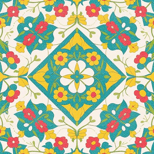 Teal Yellow Floral Peel and Stick Floor Tiles 12x12 Inch 10PCS | Teal yellow orange floral geometric pattern vinyl floor stickers for kitchen bathroom entryway and indoor home decor