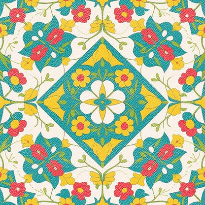 Teal Yellow Floral Peel and Stick Floor Tiles 12x12 Inch 10PCS | Teal yellow orange floral geometric pattern vinyl floor stickers for kitchen bathroom entryway and indoor home decor
