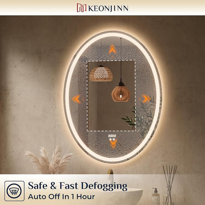 Keonjinn 40 x 30 Inch Oval LED Bathroom Mirror with Frontlit and Backlit | Tempered Glass, 3000K/4500K/6000K, Safe & Fast Defogging, Memory Function, Stepless Dimmable, Easy Install, Plug in/Hardwired