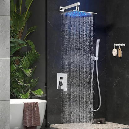 Aolemi Shower Faucet Set with Valve Handheld 16" LED Head Polish Chrome | Handheld Spray,16 Inch Rain LED Head,Valve and Trim Kit,All Metal,Wall Mount Shower System,Bathroom Mixer