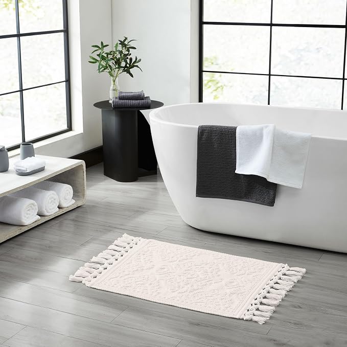 Jean Pierre - Ricardo Bath Mat, Woven Fringe Bathroom Rugs, 100% Cotton, Premium Bathroom Decor - Measures 27" x 52" - Ivory