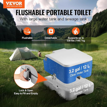 VEVOR Portable Toilet for Camping, Porta Potty with 3.2 Gal Waste Tank & 3.2 Gal Flush Tank, Push-Button Pressurized Flush Commode with Level Indicator, Travel Toilet for Adults Kids Camping Car Trips