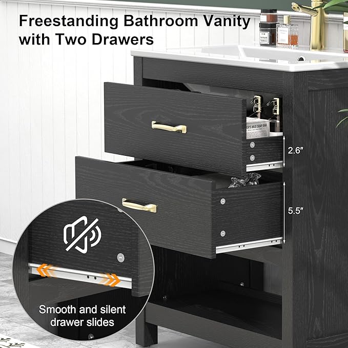 Bathroom Vanity with Sink 24 Inch, Modern Bathroom Cabinet Set with LED Light for Small Space, 2 Soft-Close Drawers with Organizer, Deep and Sloped Single Sink, Easy Assembly, Black