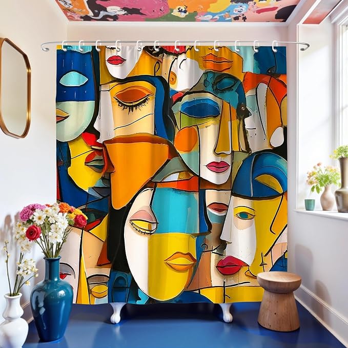 Colorful Modern Abstract Face Art Geometric Shower Curtain Set 72x72 Inches | Colorful Modern Abstract Face Geometric Art Print, Artistic Home Guest Housewarming Art Lover Bathroom Decor, With Hooks