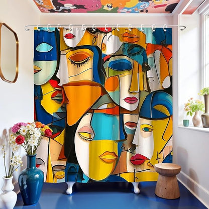 Colorful Modern Abstract Face Art Geometric Shower Curtain Set 72x72 Inches | Colorful Modern Abstract Face Geometric Art Print, Artistic Home Guest Housewarming Art Lover Bathroom Decor, With Hooks