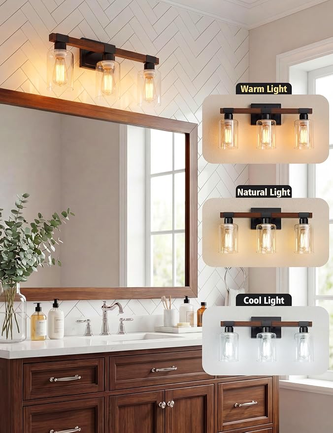 VOLISUN Farmhouse Bathroom Vanity Light Fixtures,3 Light,UL Certificated | 3 Light Bathroom Vanity Lights Over Mirror, Rustic Vanity Light for Bathrooms,Wood Bathrooms Lights Fixtures Over Mirror