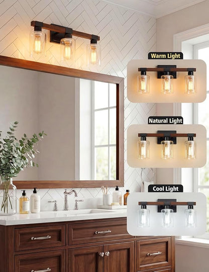 VOLISUN Farmhouse Bathroom Vanity Light Fixtures,3 Light,UL Certificated | 3 Light Bathroom Vanity Lights Over Mirror, Rustic Vanity Light for Bathrooms,Wood Bathrooms Lights Fixtures Over Mirror
