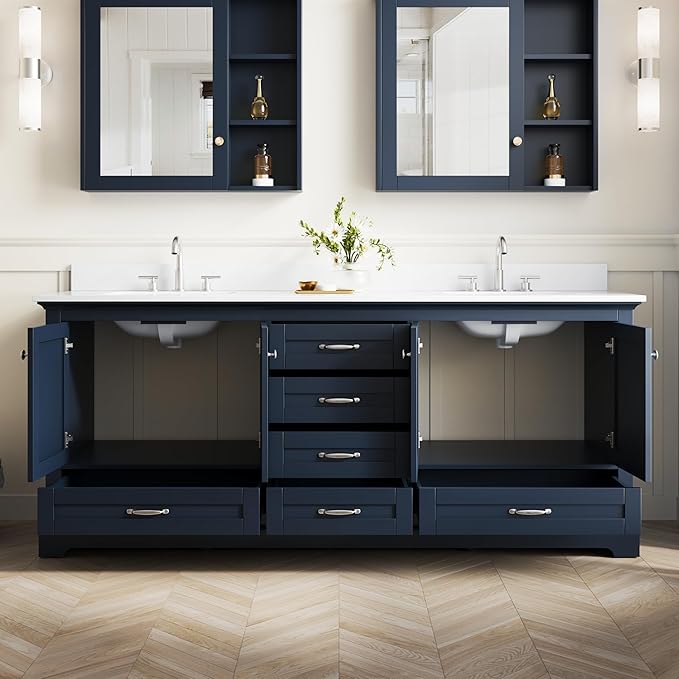 WELLFOR 80" Bathroom Vanity with Double Sinks, Bathroom Freestanding Vanity W/4 Soft-Close Doors and 6 Drawers, Large Storage Space Vanity, Cultured Marble Countertop (Navy Blue)
