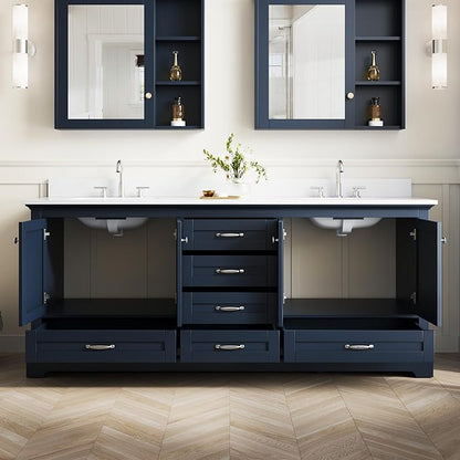 WELLFOR 80" Bathroom Vanity with Double Sinks, Bathroom Freestanding Vanity W/4 Soft-Close Doors and 6 Drawers, Large Storage Space Vanity, Cultured Marble Countertop (Navy Blue)