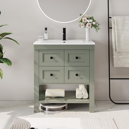 eclife 30" Bathroom Vanity with Sink Combo, Modern Painted Vanities Cabinet with Big Drawers, Opening Bottom Shelf, Raised Foot Pads, Include Undermount White Sink, Faucet & Drain, Green
