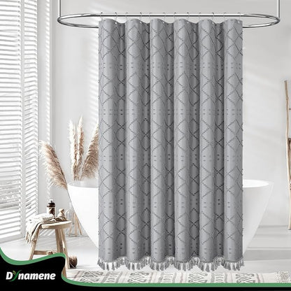 Extra Long Boho Shower Curtain Tufted Geometric 72"x96" Grey | 96 Inch Tall, Elegant Tassel, Lightweight Textured Fabric, Water Repellent, Washable, Hotel Spa, for Bathroom/Dorm 12 Hooks