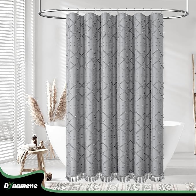 Long Boho Farmhouse Shower Curtain Tufted Geometric 72"x78" Grey | 78 Inch Tall, Elegant Tassel, Lightweight Textured Fabric, Water Repellent, Washable, Hotel Spa, for Bathroom/Dorm 12 Hooks