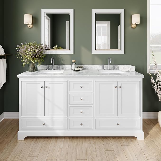 Wyndham Collection Deborah 72 inch Double Bathroom Vanity in White, White Carrara Marble Countertop, Undermount Square Sinks, and No Mirror