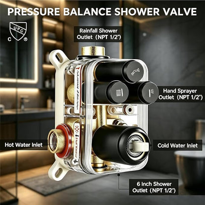 Dual Rainfall Shower Head System Matte Black, 3-Function Push Button Shower Faucet Set with 12" Wall Mount Rain shower head and 6" Wall Mount Shower Head, Pressure Balance Rough-in Valve