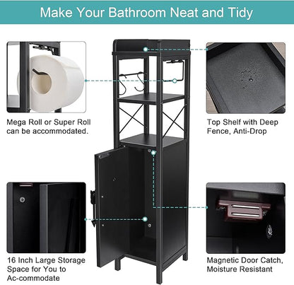 VECELO Small Bathroom Cabinet,Slim Toilet Paper Holder with Door&Metal Scroll, Upgraded Narrow Storage Organizer for Restroom Bathroom Tiny Space,Fenced Top Waterproof Coating,Black