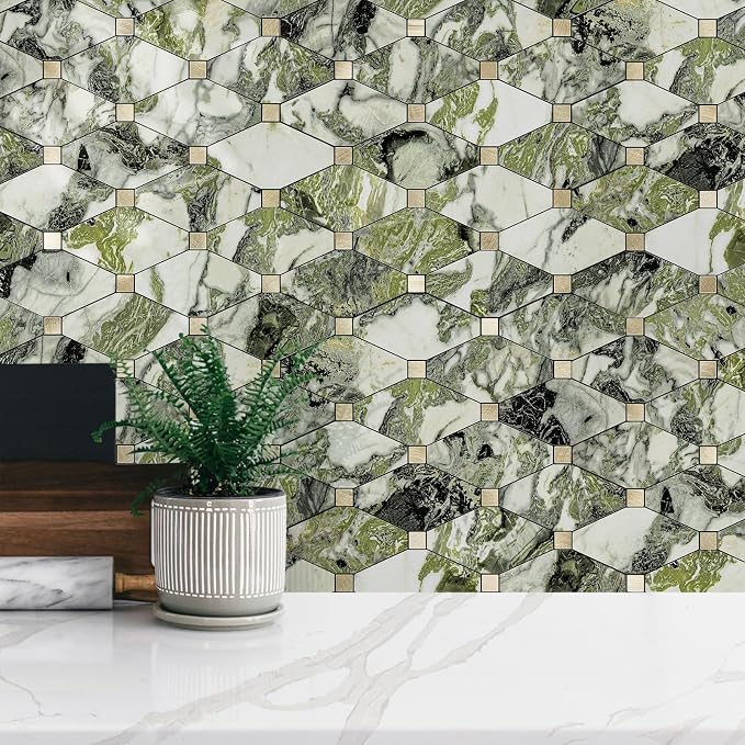 STICKGOO 10 Sheets Peel and Stick Backsplash, Polished Green Marble Look PVC Mixed Metal Gold Kitchen Backsplash, Stick on Backsplash Wall Tiles for Kitchen, Bathroom, RV
