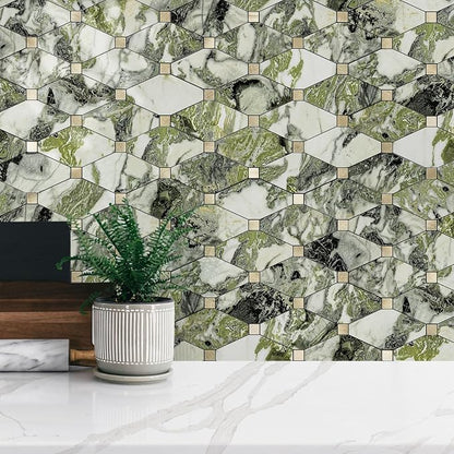STICKGOO 10 Sheets Peel and Stick Backsplash, Polished Green Marble Look PVC Mixed Metal Gold Kitchen Backsplash, Stick on Backsplash Wall Tiles for Kitchen, Bathroom, RV