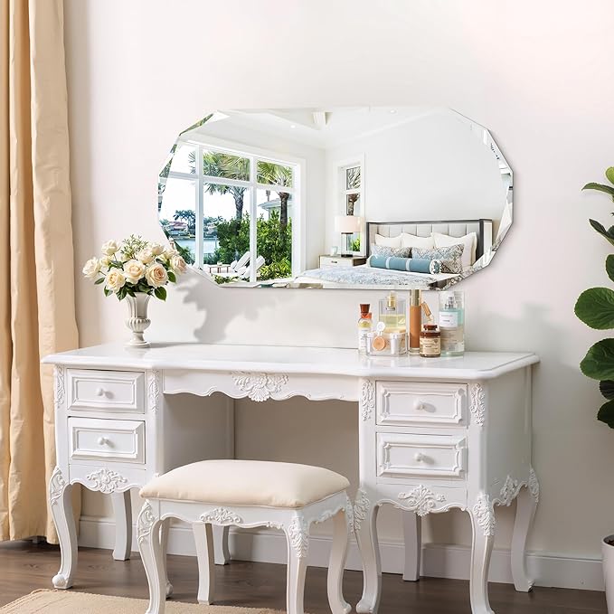 GLASHOM Frameless Bathroom Mirror, 20" x 40" Beveled Oval Wall Mirror for Over Sink, 16 Inch Modern Decorative Vanity Mirror for Bedroom, Living Room, Entryway, Hanging Mirror Horizontal or Vertical