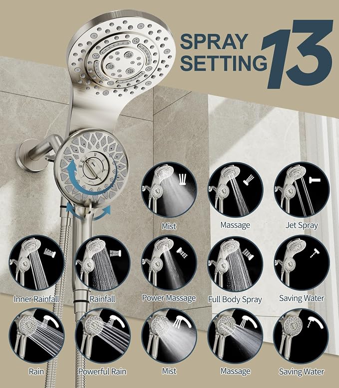 Dual Shower Heads with Handheld Spray Combo, High Pressure 2 in 1 Rainfall Shower Heads with 9 Spray Modes, Magnetic Double Showerhead, Brushed Nickel