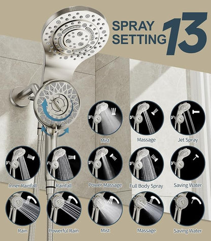 Dual Shower Heads with Handheld Spray Combo, High Pressure 2 in 1 Rainfall Shower Heads with 9 Spray Modes, Magnetic Double Showerhead, Brushed Nickel