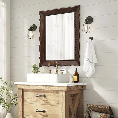 Besdomus Rustic Wooden Framed Mirror: 32" x 24" Dark Brown Wood Bathroom Mirrors for Wall - Vertical or Horizontal Hanging for Bathroom/Vanity/Entryway - Ideal for Farmhouse Style Lovers