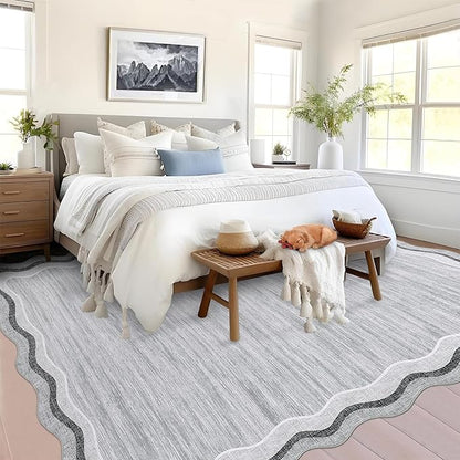 Garvee Scalloped 8x10 Rugs Washable Area Rugs for Living Room Grey | Rugs for Living Room, Non-Slip Soft Carpet for Bedroom, Scalloped Low-Pile Solid Rug Accent Rug for Dining Room Home Office