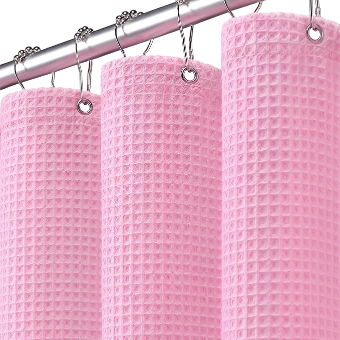 Waffle Weave Shower Curtain - Pink Cotton Fabric Texture Heavyweight Shower Curtains for Bathroom,Washable,72Wx72L