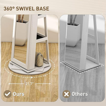 HOMCOM 360° Swivel Jewelry Cabinet Lockable with Full-Length Mirror White | Jewelry Armoire Organizer, Back Storage Shelves, Interior Small Mirror, Bedroom Living Room