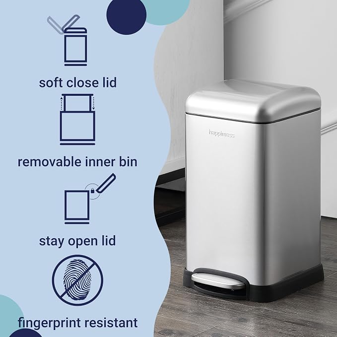 happimess Betty Retro Mini 3.2 Gal Step Trash Can, Platinum Silver | Soft-Close Lid, Fingerprint Proof, Removable Liner, Stainless Steel, Hands-Free Pedal