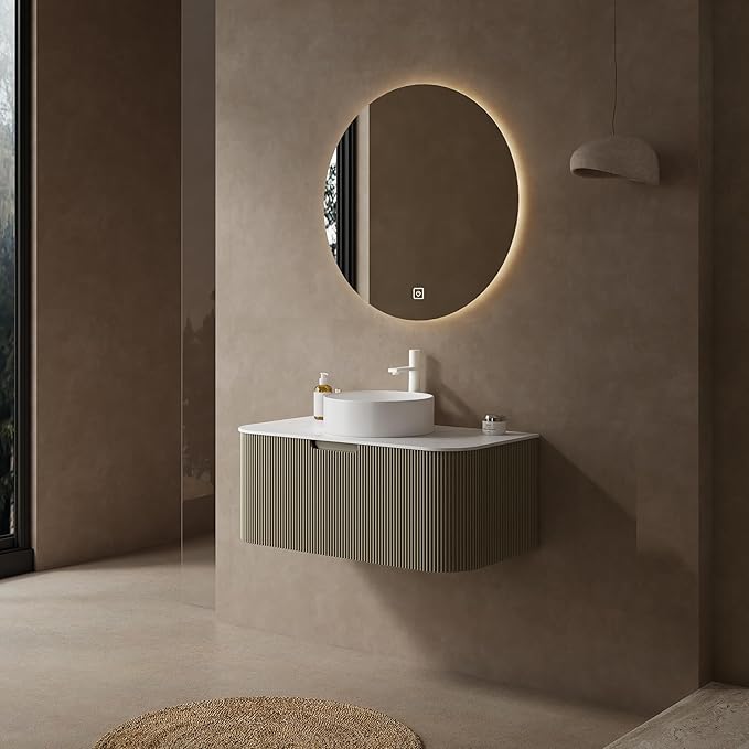 Yayzy 36" Floating Bathroom Vanity with Sink, Solid Wood Fluted Cabinet, White Round Ceramic Basin & Faux Marble Top, Soft-Close Drawer, Pre-Assembled, Light Green