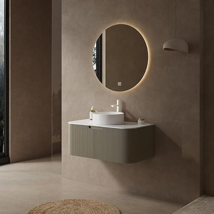 Yayzy 36" Floating Bathroom Vanity with Sink, Solid Wood Fluted Cabinet, White Round Ceramic Basin & Faux Marble Top, Soft-Close Drawer, Pre-Assembled, Light Green