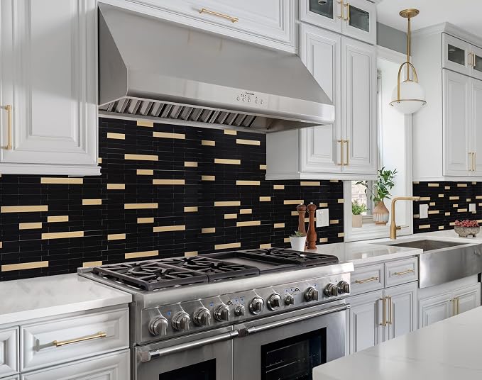 StyloVue 2 Sheets Peel and Stick Tile Backsplash, Black with Metal Gold Look Stick on Tile Upgrade Your Kitchen Backsplash, RV, Fireplace