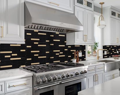 StyloVue 2 Sheets Peel and Stick Tile Backsplash, Black with Metal Gold Look Stick on Tile Upgrade Your Kitchen Backsplash, RV, Fireplace