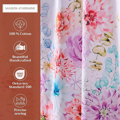 Maison d' Hermine Shower Curtain 100% Cotton One Panel 70"x72" Washable Fabric Shower Curtains for Bathroom, Easy Hanging with 12 Button Holes - Home Hotel Spa Easter Gifts (Floral - White)