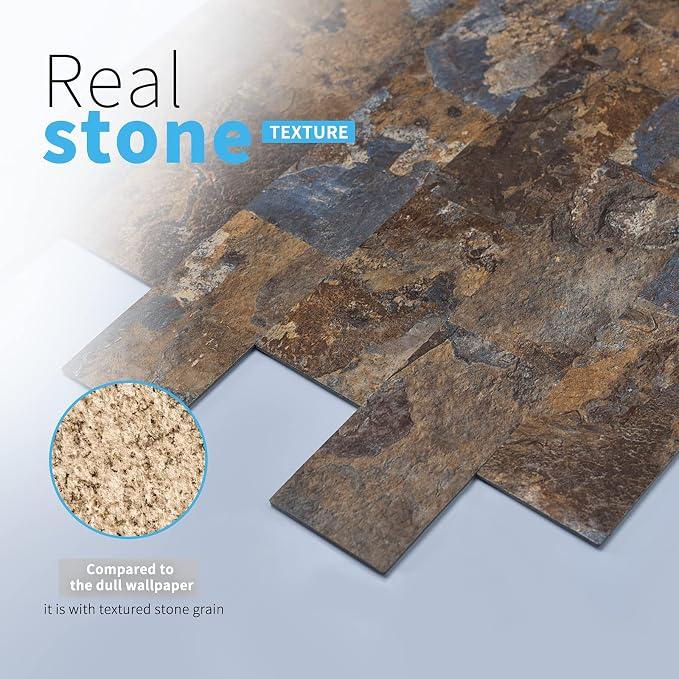 Art3d Peel and Stick Backsplash, Stick on Wall Tile, 10-Pack, Rust Slate | PVC, Self Adhesive, Splash Resistant, Multi-Surface Compatibility, Ideal for Kitchens, Fireplaces, Stair Areas