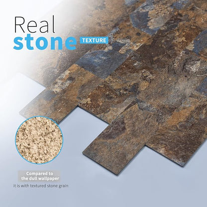 Art3d Peel and Stick Backsplash, Stick on Wall Tile, 10-Pack, Rust Slate | PVC, Self Adhesive, Splash Resistant, Multi-Surface Compatibility, Ideal for Kitchens, Fireplaces, Stair Areas
