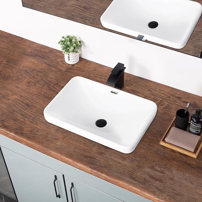 Bathroom Vessel Sink 23.2" X 15.5" Semi Recessed Bathroom Sink Rectangular Drop In Bathroom Sinks with Overflow White Ceramic Vessel Sinks for Bathroom Modern Above Counter Basin Vanity Sink