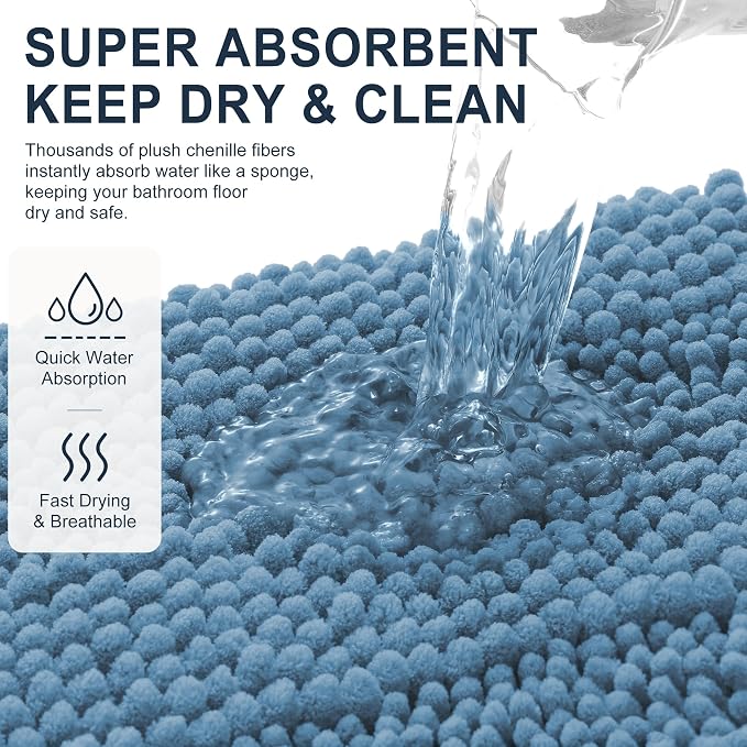 Smiry Thick Chenille Toilet Rugs U-Shaped 24x20, Soft Bath Mat, Airy Blue | Absorbent Striped Contour Bathroom Rugs, Machine Washable, Dry Quickly, Non‑Slip, Modern Home Decor Accessories