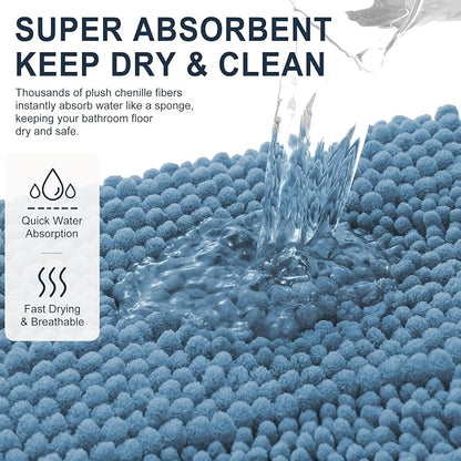 Smiry Thick Chenille Toilet Rugs U-Shaped 24x20, Soft Bath Mat, Airy Blue | Absorbent Striped Contour Bathroom Rugs, Machine Washable, Dry Quickly, Non‑Slip, Modern Home Decor Accessories