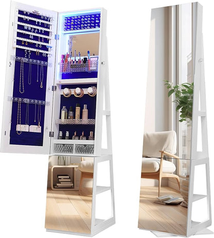 FOCALWEET LED Lockable Mirror Jewelry Cabinet, 360° Swivel Jewelry Organizer Armoire Standing, Frameless Full-Length Mirror, 63'' Standing Jewelry Mirror with Storage for Jewelry, White