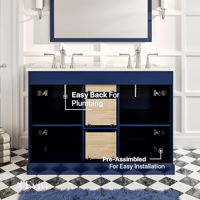 Eviva Epic 48 in. Blue Double Sink Bathroom Vanity with White Carrara Quartz Countertop