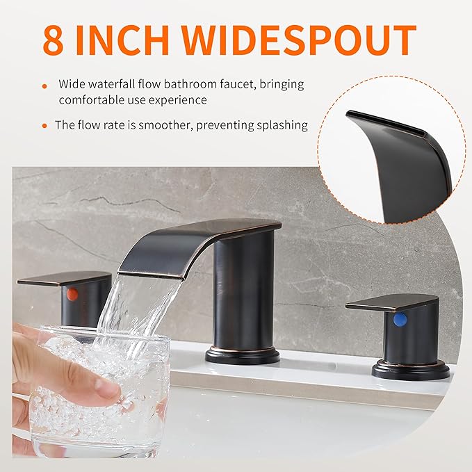 Waterfall Bathroom Faucet 3 Holes, 8 Inch Widespread Faucet 2 Handle Lead-Free Oil Rubbed Bronze, Bathroom Faucets with Pop Up Drain, Bathroom Basin Lavatory Mixer Tap with Deck Mount Plate
