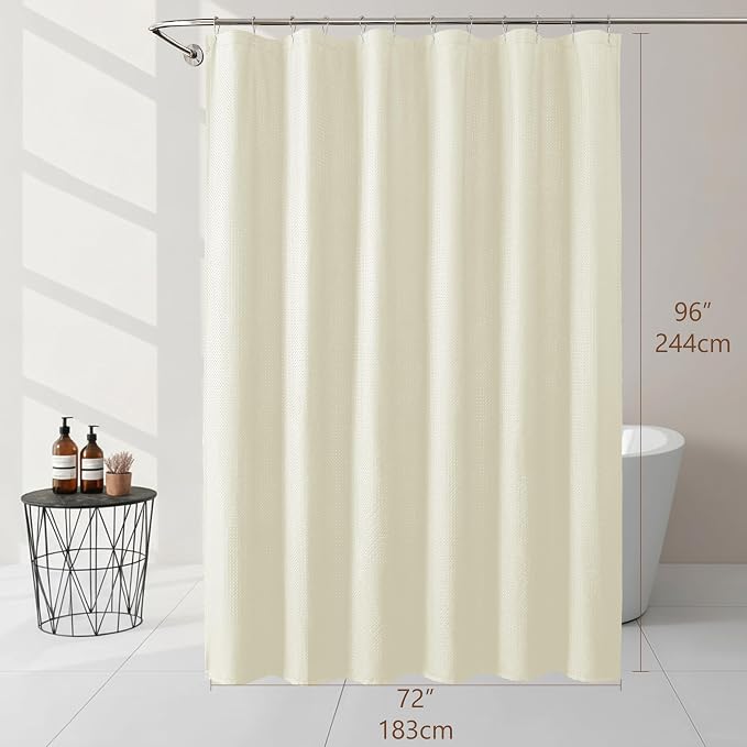 Extra Long Cream Shower Curtain 96 Inch Long 1 Piece, Waffle Embossed Textured Fabric Shower Curtain for Bathroom Large Hotel, Water Resistant, Machine Washable, 72Wx96L Inches