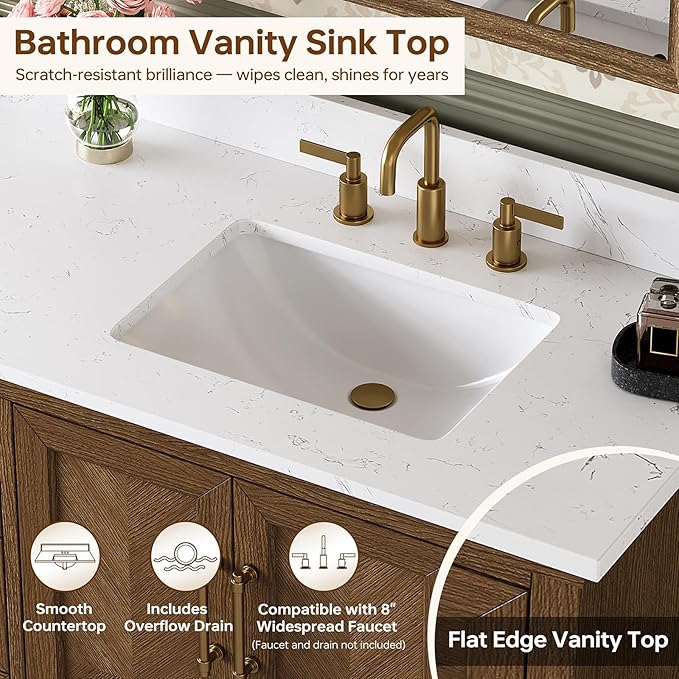 48 Inch Walnut Bathroom Vanity with Sink, Freestanding Transitional Vanities, Soft Close Parquet Doors & Dovetail Drawers, Fully Assembled Solid Wood Vanity for Bathroom Renovation